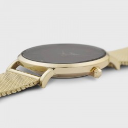 Montre Minuit Mesh Gold, cadran rond noir & bracelet milanais