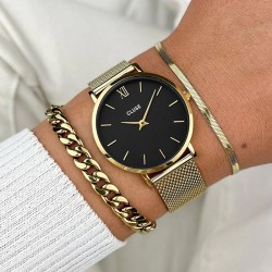 Montre Minuit Mesh Gold, cadran rond noir & bracelet milanais
