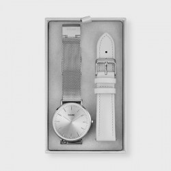 Coffret Montre Boho Chic Mesh, Silver, cadran rond, bracelet milanais & bracelet cuir gris - CLUSE