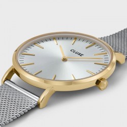 Coffret Montre Boho Chic Mesh, Gold Silver, cadran rond & bracelet mix chaîne et perles