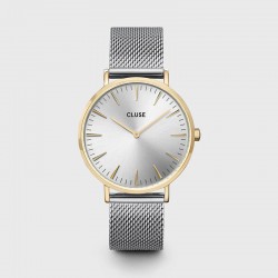 Coffret Montre Boho Chic Mesh, Gold Silver, cadran rond & bracelet mix chaîne et perles