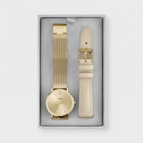 Coffret Montre Minuit Mesh Gold, cadran rond & Bracelet cuir beige CLUSE