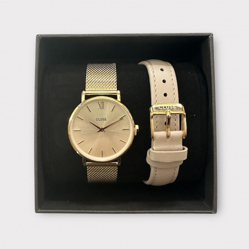 Coffret Montre Minuit Mesh Gold, cadran rond, Bracelet milanais & Bracelet cuir beige
