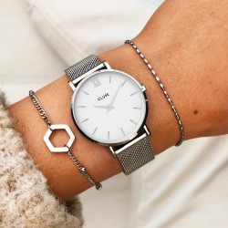 Coffret Montre Boho Chic Mesh Silver, bracelet milanais & bracelet cuir gris