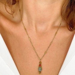 Collier LORETTE chaîne dorée - Pendentif Jaspe rouge, Agate Indienne & Hématite doré