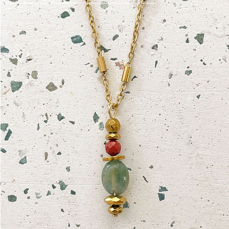 Collier LORETTE chaîne dorée - Pendentif Jaspe rouge, Agate Indienne & Hématite doré - Maison 91