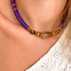 Collier THELMA LILAS SMOKE - Agate Sardonyx, Oeil de Tigre & Hématites dorées - Maison 91