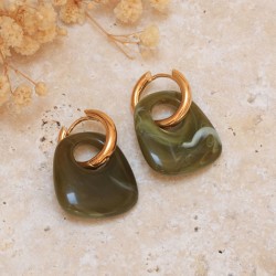Boucles d'Oreilles créoles DIONE Or - Anneau lisse & Pendentif marbré kaki 6- Aurélie Joliff