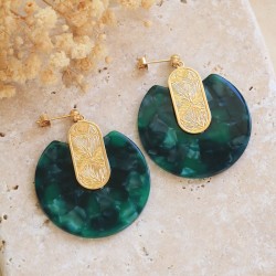 Boucles d'Oreilles puces EURYDICE Or - Ovale gravé & Pendentif tacheté vert foncé - Aurélie Joliff
