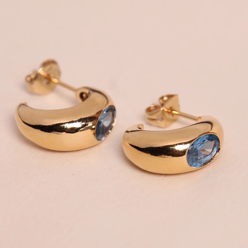 Boucles d'oreilles ODILE Or - Créole & Zircon bleu ovale