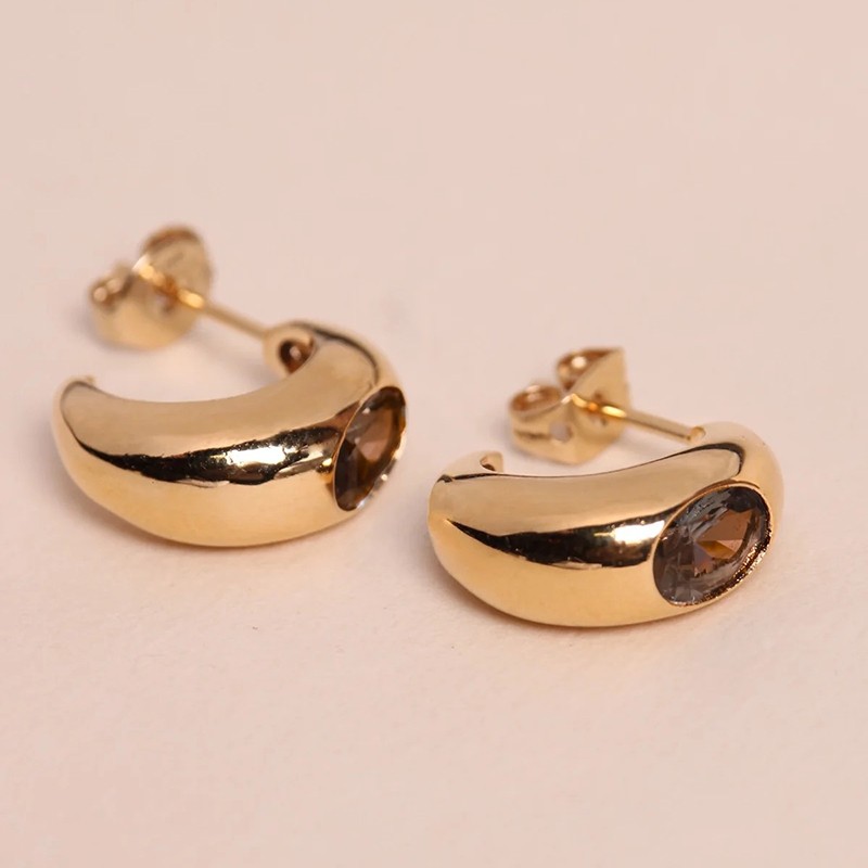 Boucles d'oreilles ODILE Or - Créole & Zircon marron café ovale