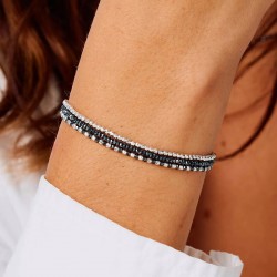 Bracelet élastique LE HEAVEN Trois tours en argent - Gris Hématite TAILLE M