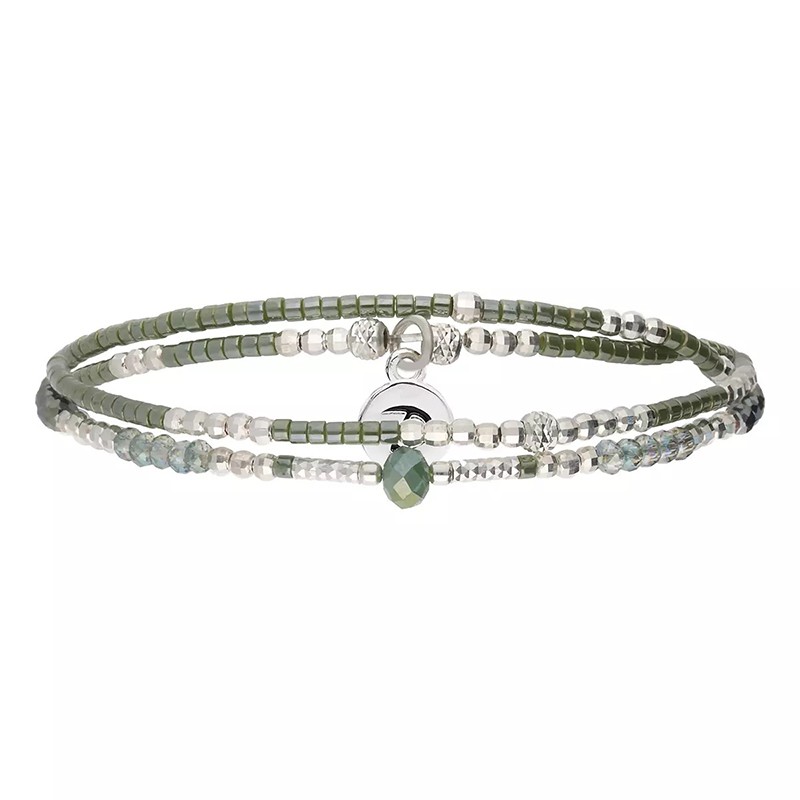 Bracelet 2 tours élastique SPRING en argent - Vert Kaki - DORIANE Bijoux