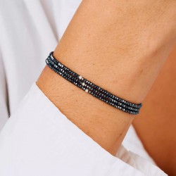 Bracelet élastique 3 tours en argent - Perles de verre Hématite TAILLE M