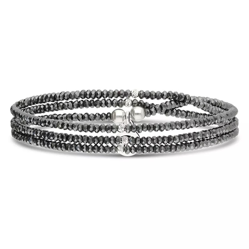 Bracelet élastique 3 tours en argent - Perles de verre Hématite - DORIANE Bijoux