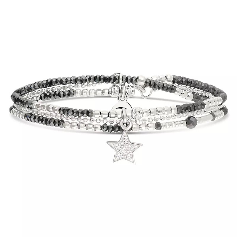 Bracelet élastique 2 tours ETOILE Pavé d'oxydes de zirconium & Chaîne argent - Gris hématite - DORIANE Bijoux