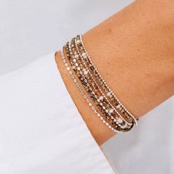 Bracelet élastique 3 tours en argent, Perles Beige Léopard & chaînes TAILLE M