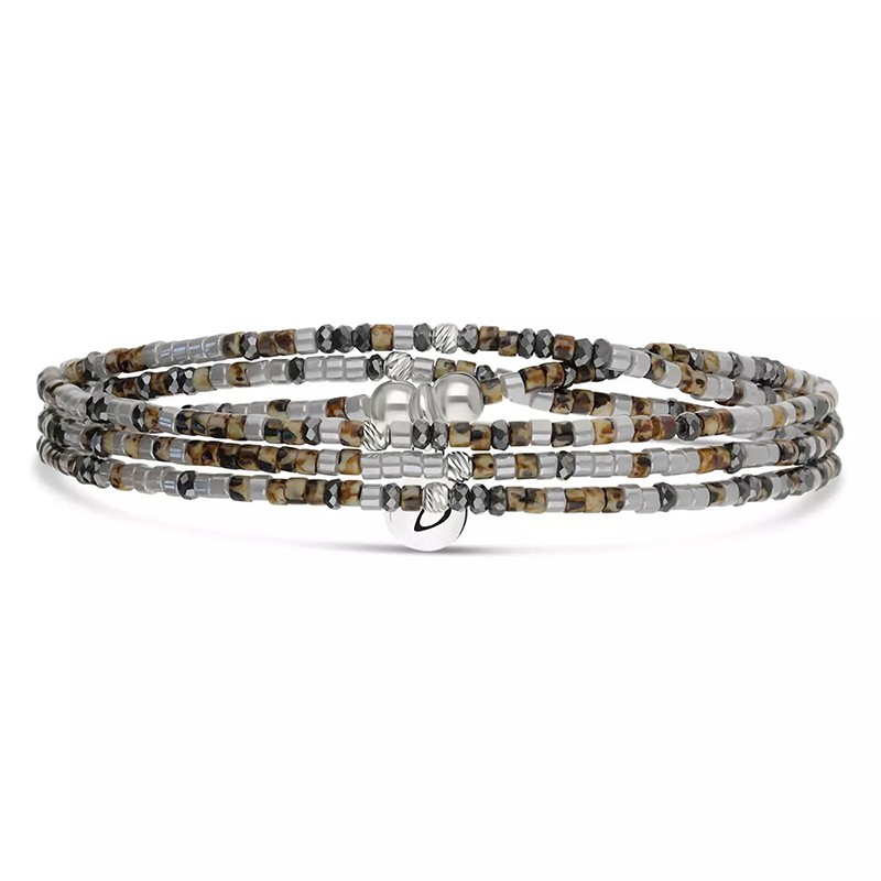 Bracelet élastique LE MIX 3 TOURS argent - Gris Hématite Léopard - DORIANE Bijoux