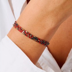 Bracelet élastique LE MIX 3 TOURS argent - Rouge Hématite Léopard TAILLE M
