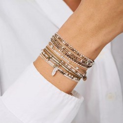 Bracelet élastique 3 tours en argent, Perles Beige Léopard & chaînes TAILLE M