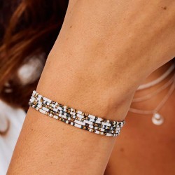 Bracelet élastique LE MIX 5 TOURS argent - Blanc Hématite Léopard TAILLE M