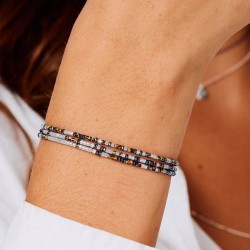 Bracelet élastique LE MIX 3 TOURS argent - Gris Hématite Léopard TAILLE M