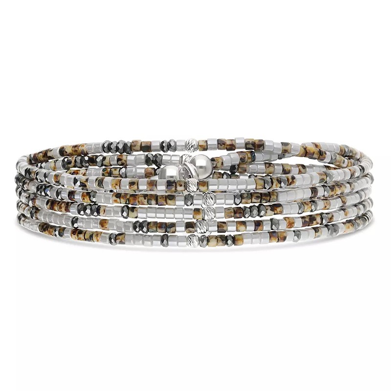 Bracelet élastique LE MIX 5 TOURS argent - Gris Hématite Léopard - DORIANE Bijoux