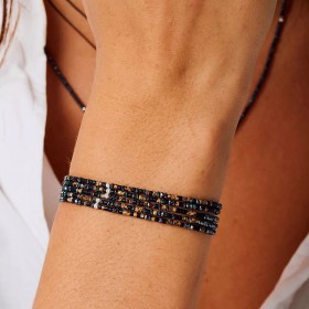 Bracelet élastique LE MIX 5 TOURS argent - Noir Hématite Léopard - DORIANE Bijoux