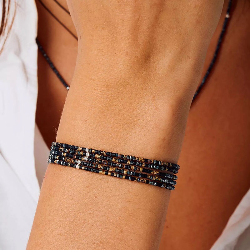 Bracelet élastique LE MIX 5 TOURS argent - Noir Hématite Léopard - DORIANE Bijoux