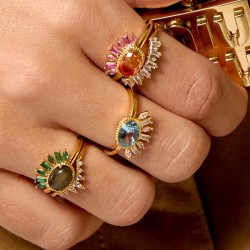 Bague fine LABRADORITE LADY Or - Fleur cristaux verts & Ovale Labradorite