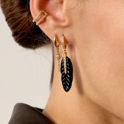 Boucles d'oreilles BLACK PLUME Or - Tiges cristaux blancs & Plume noire