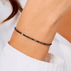 Bracelet élastique en argent LE BRUT - Perles de verre Gris hématite TAILLE M
