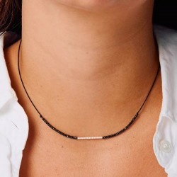Collier court Cordon noir - Tube diamanté argent & Perles noir hématite