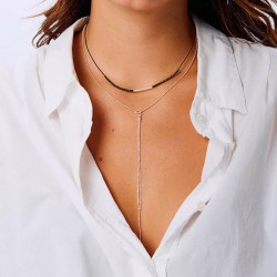 Collier court Cordon noir - Tube diamanté argent & Perles noir hématite