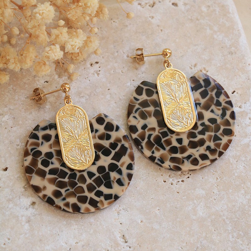 Boucles d'Oreilles pendantes EURYDICE Or - Décor Ovale gravé & Pendentif tacheté terrazzo AURELIE JOLIFF