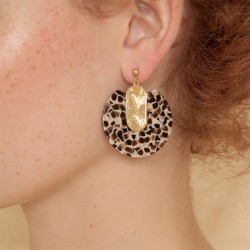 Boucles d'Oreilles pendantes EURYDICE Or - Décor Ovale gravé & Pendentif tacheté terrazzo