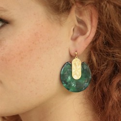 Boucles d'Oreilles puces EURYDICE Or - Ovale gravé & Pendentif tacheté vert foncé