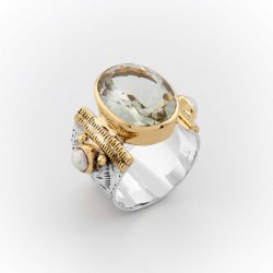 Bague large THEA argent laiton doré - Améthyste verte & Perles - CANYON