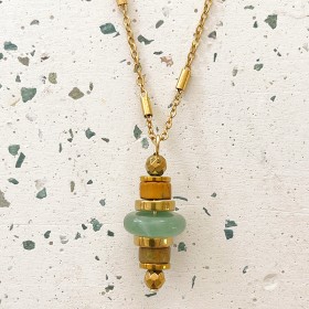 Collier LORETTE chaîne dorée - Pendentif Aventurine, Jaspe Soushan & Hématite doré - Maison 91