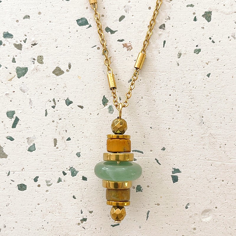 Collier LORETTE chaîne dorée - Pendentif Aventurine, Jaspe Soushan & Hématite doré - Maison 91