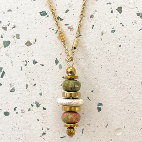 Collier LORETTE chaîne dorée - Pendentif Magnésite, Unakite & Hématite doré - Maison 91