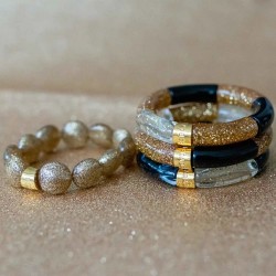 Bracelet jonc élastiqué FESTA DOURADO 1 - Blanc marbré doré pailleté & noir