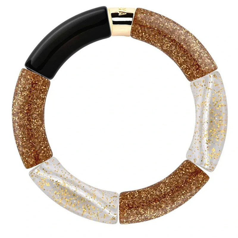 Bracelet jonc élastiqué FESTA DOURADO 1 - Blanc marbré doré pailleté & noir - PARABAYA
