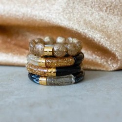 Bracelet jonc élastiqué FESTA DOURADO 2 - Blanc marbré doré pailleté & noir