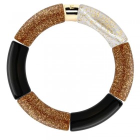 Bracelet jonc élastiqué FESTA DOURADO 2 - Blanc marbré doré pailleté & noir - PARABAYA
