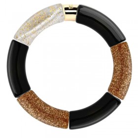 Bracelet jonc élastiqué FESTA DOURADO 3 - Blanc marbré doré pailleté & noir - PARABAYA