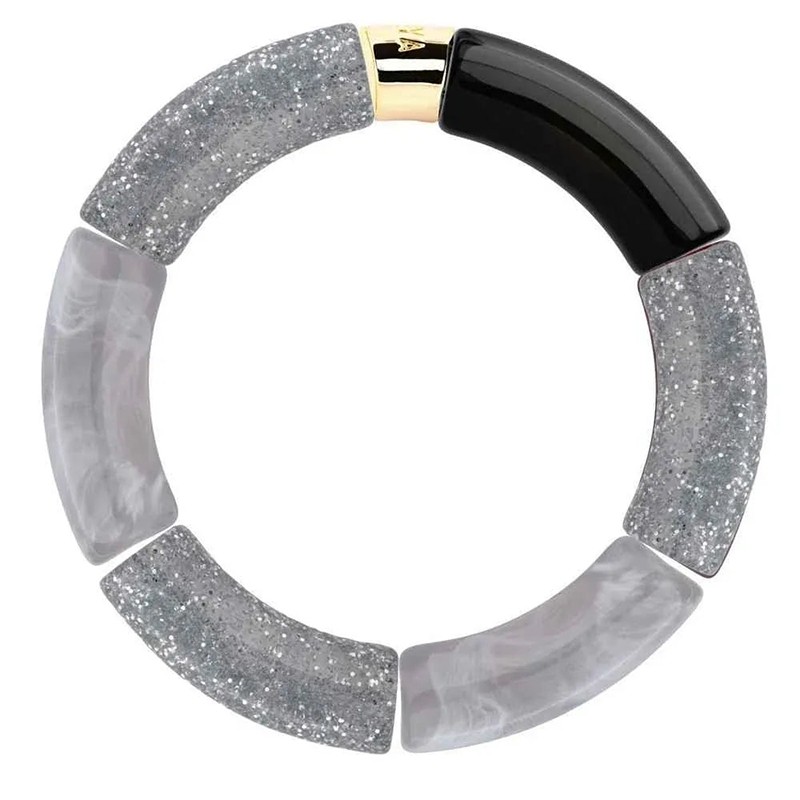Bracelet jonc élastiqué FESTA PRATEADO 1 - Gris marbré argent pailleté & noir - PARABAYA