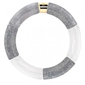 Bracelet jonc élastiqué FESTA PRATEADO 2 - Gris marbré gris pailleté & blanc - PARABAYA