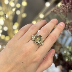 Bague large THEA argent laiton doré - Améthyste verte & Perles pelres TAILLE 52