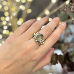 Bague large THEA argent laiton doré - Améthyste verte & Perles pelres TAILLE 52